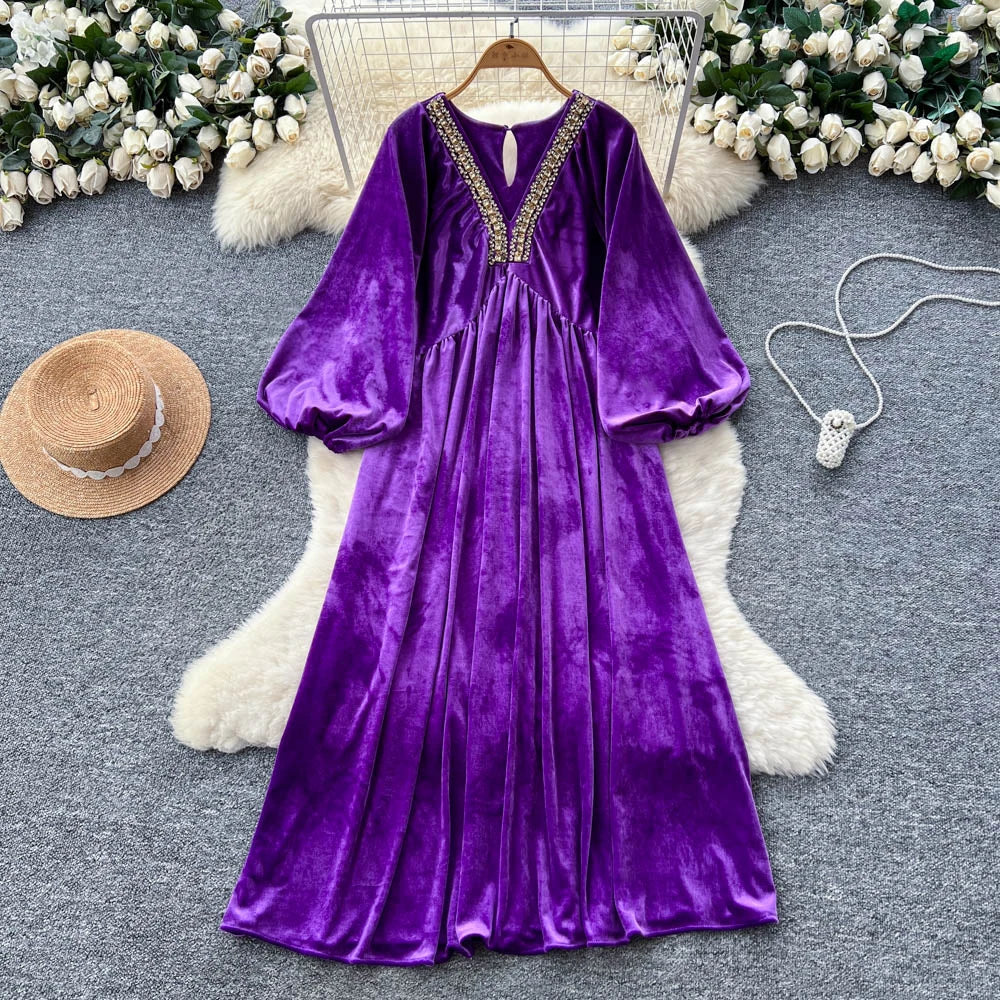 Velvet Lantern Sleeve Loose Dress