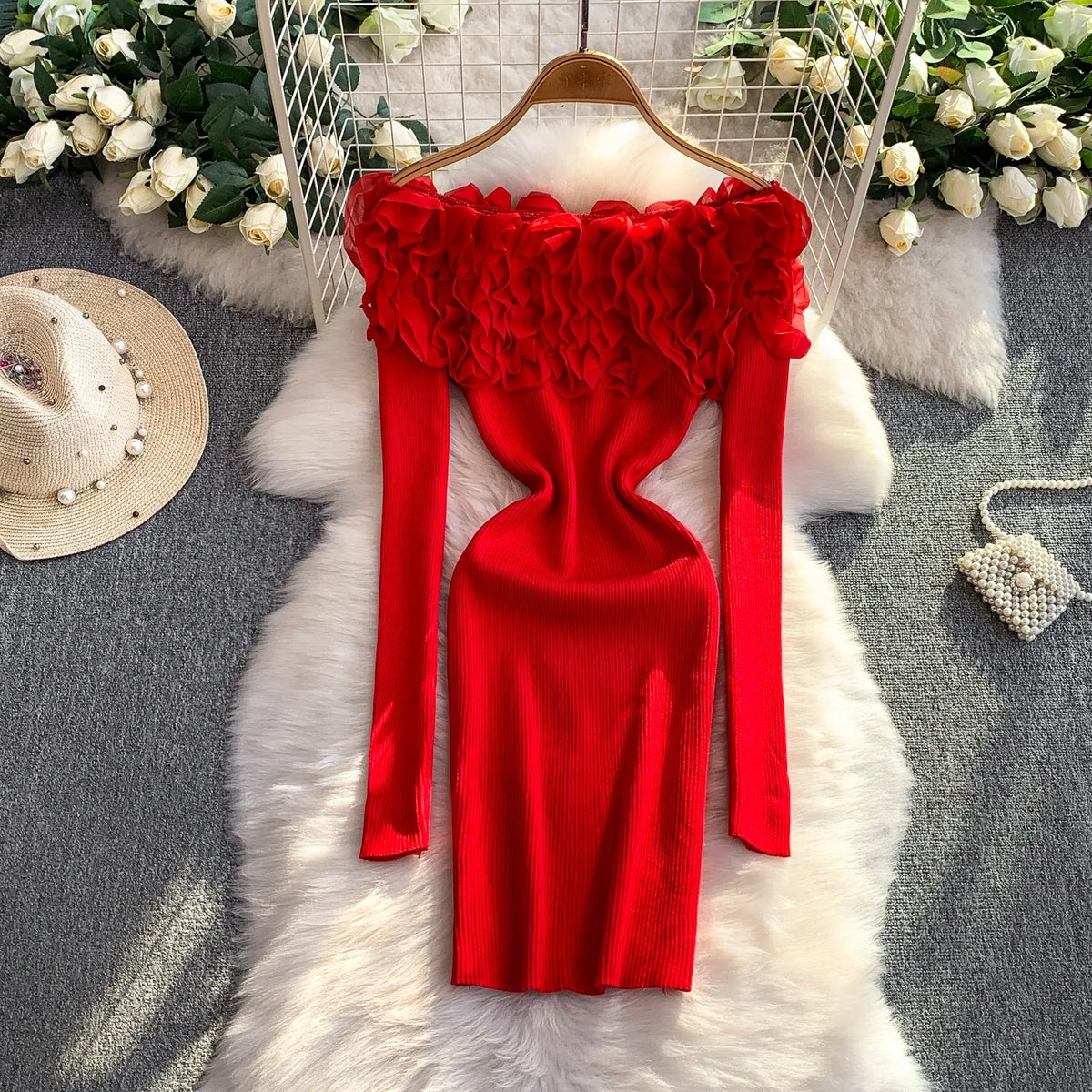 Off-Shoulder Ruffled Knit Mini Dress