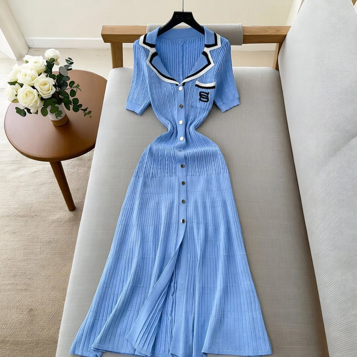 Embroidered Short Sleeve Knit Maxi Dress