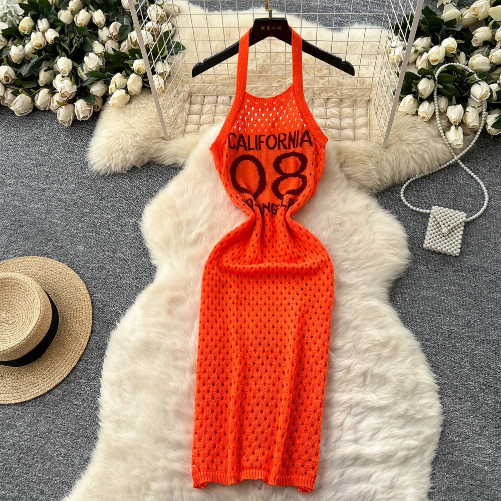 Letter Print Halter Knit Beach Dress