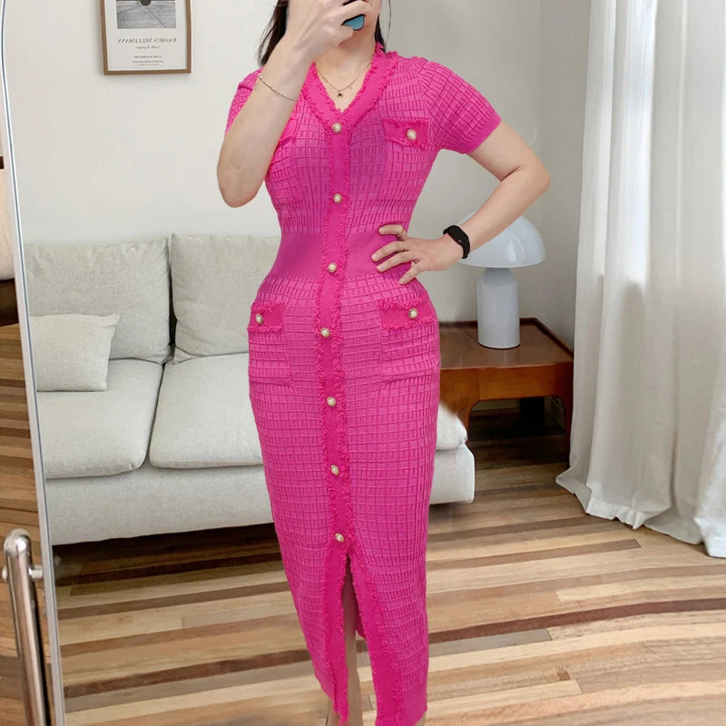 Pearl Button Knit Bodycon Office Dress
