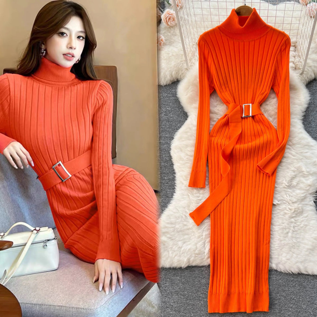 Ribbed Knit Wrap Maxi Sweater Dress