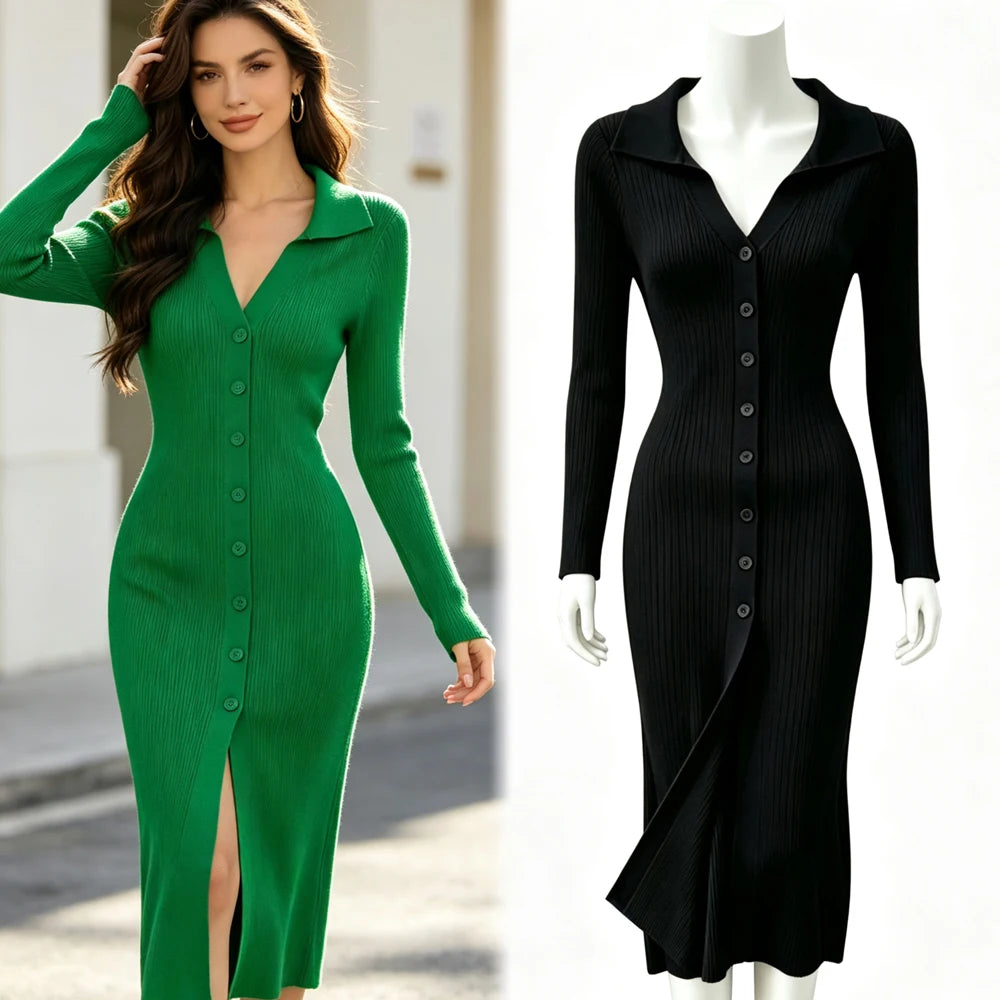 Button Front Collared Knit Maxi Sweater Dress