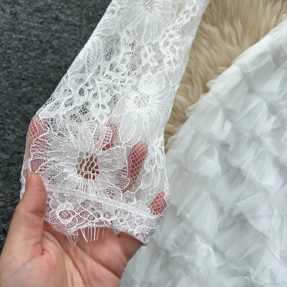 Mesh Lace Spliced Long Sleeve Dress