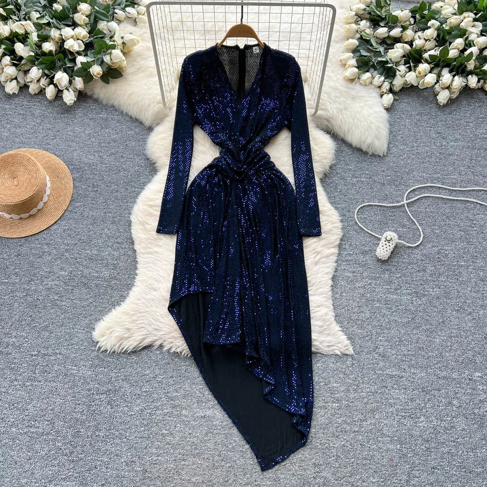 Sequin Asymmetric Long Sleeve A-Line Dress