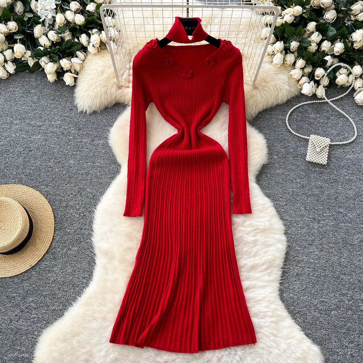 Textured Knit Pleated A-Line Dress
