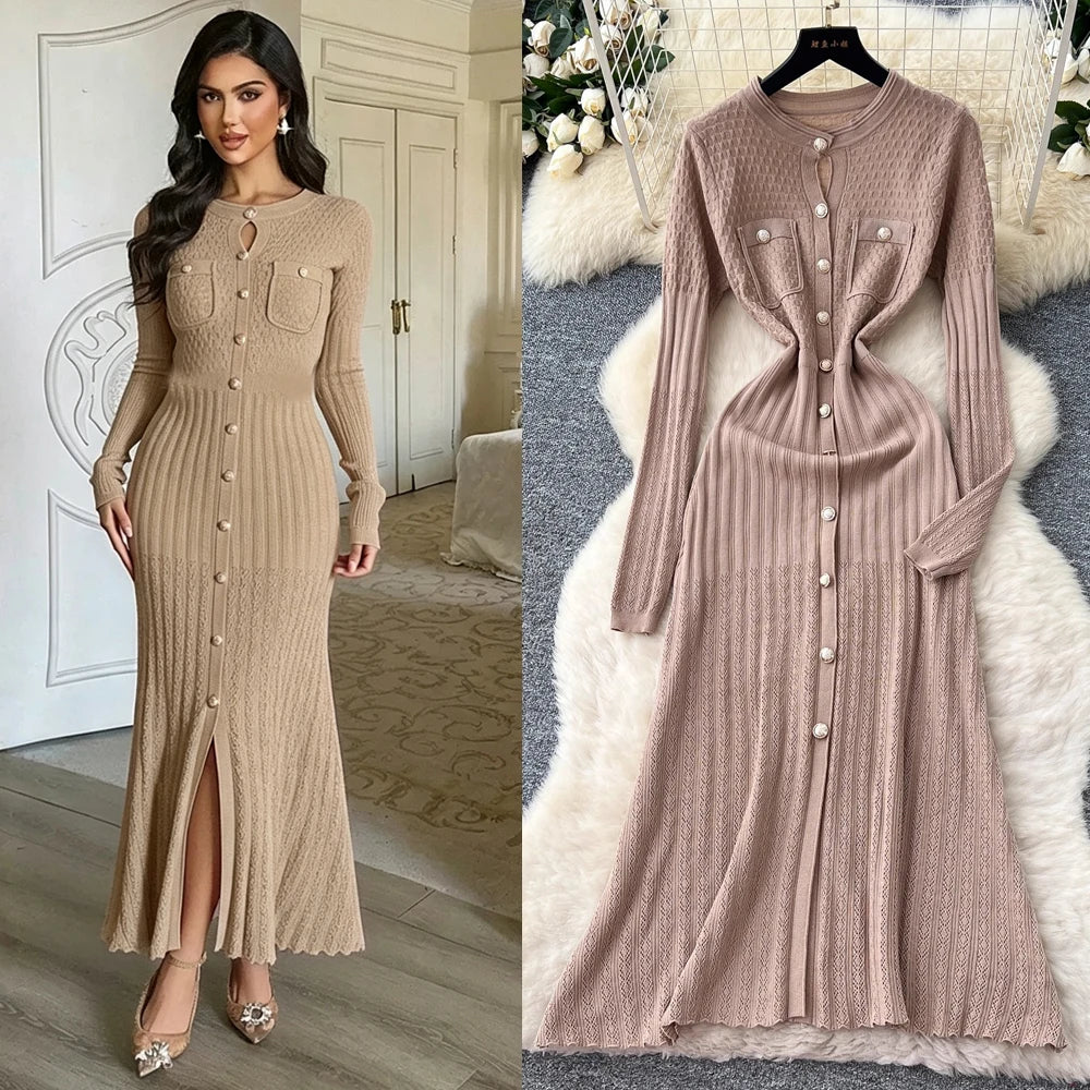 Button Front Knit Maxi Sweater Dress