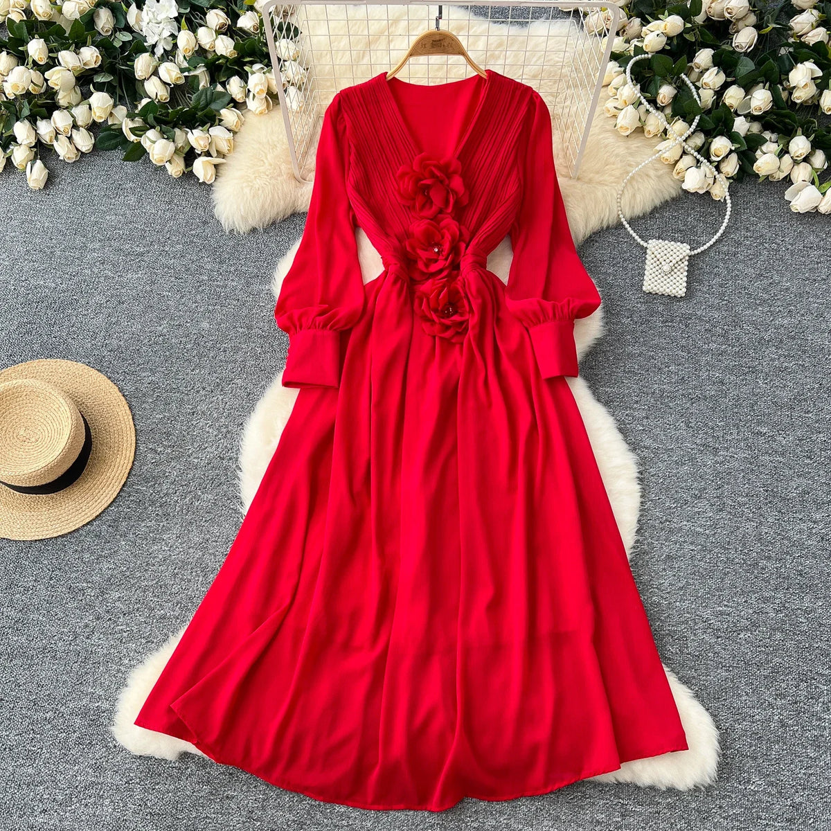 3D Floral V-Neck Lantern Sleeve Dress