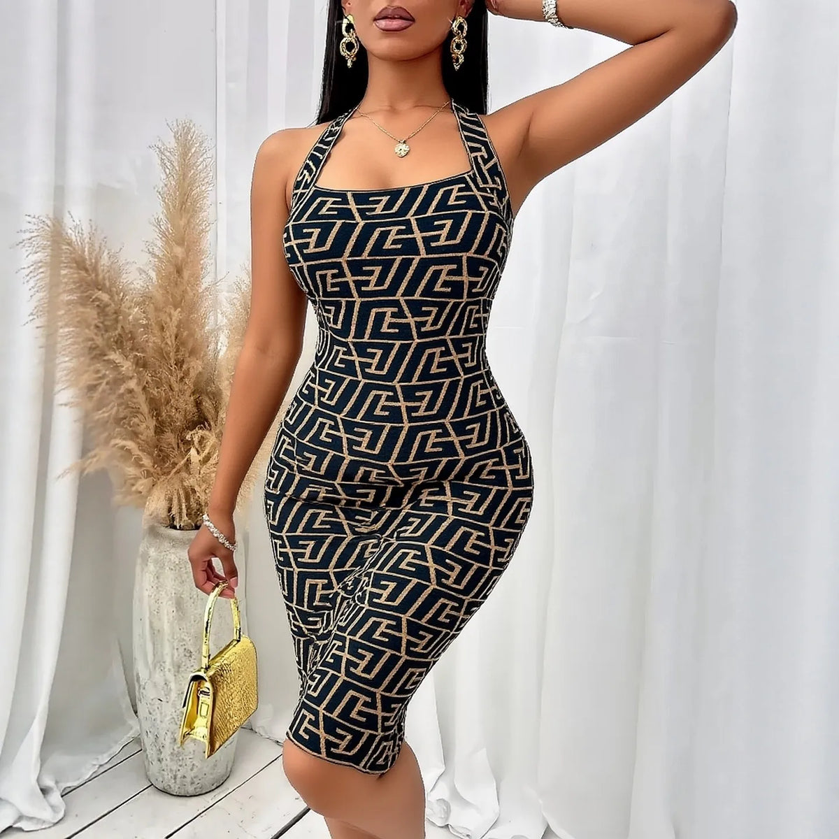 Letter Knit Halter Backless Mini Dress
