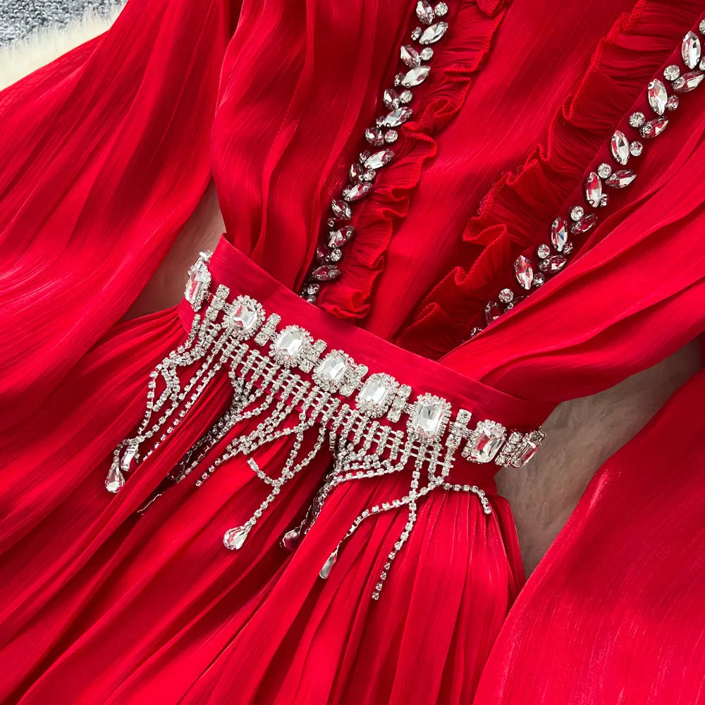 Rhinestone Ruched Puff Sleeve Pleated Dress