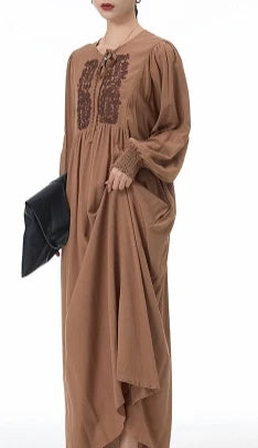 Embroidered Lace-Up Lantern Sleeve A-Line Dress