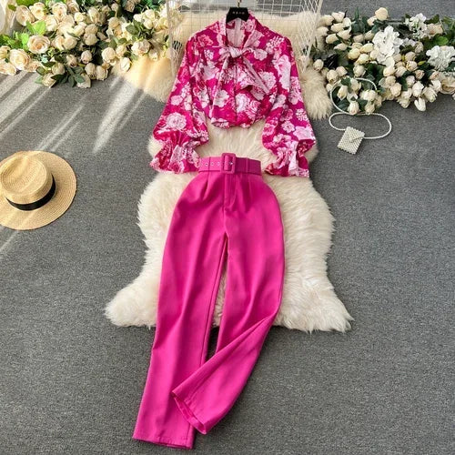 Print Puff Sleeve Blouse and Wide Leg Pants