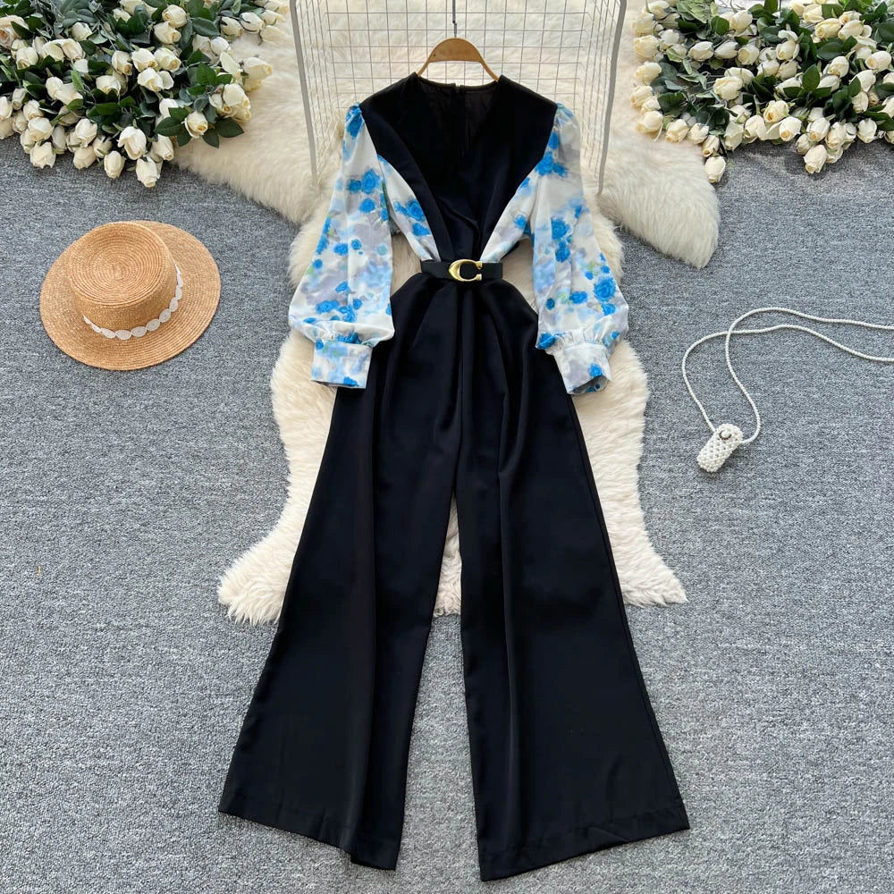 Print V-Neck Belted Wide Leg Jumpsuit