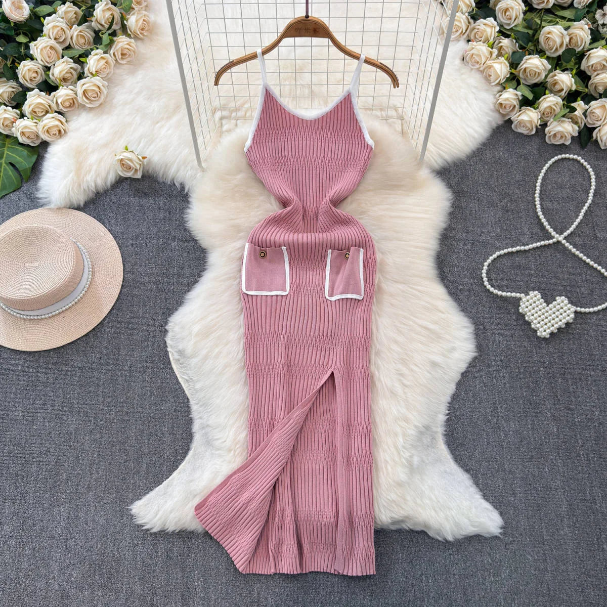 Split Spaghetti Strap Knit Maxi Dress