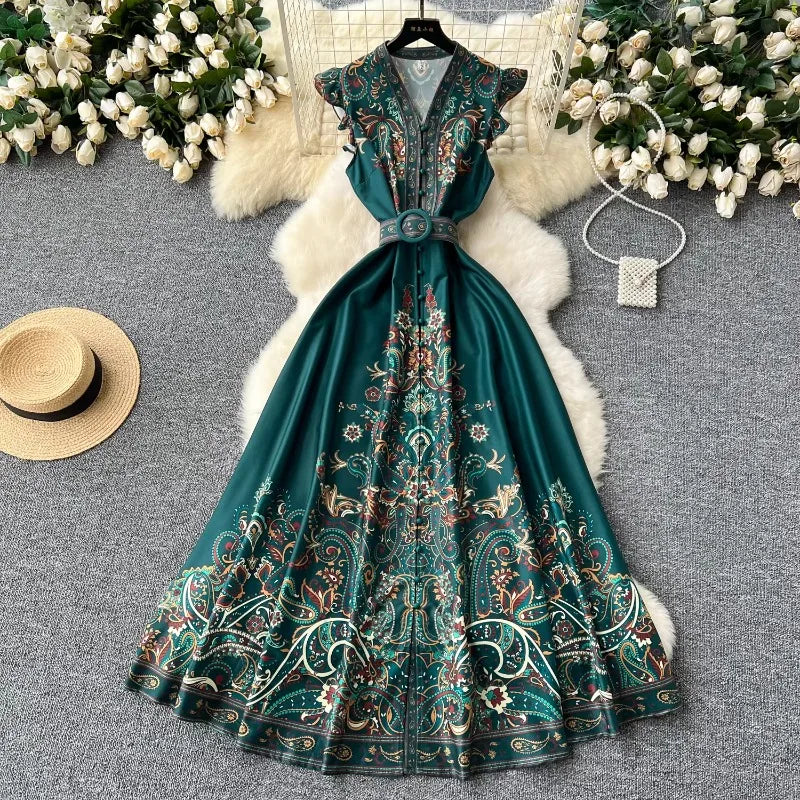 Print Flutter Sleeve V-Neck Long Dress