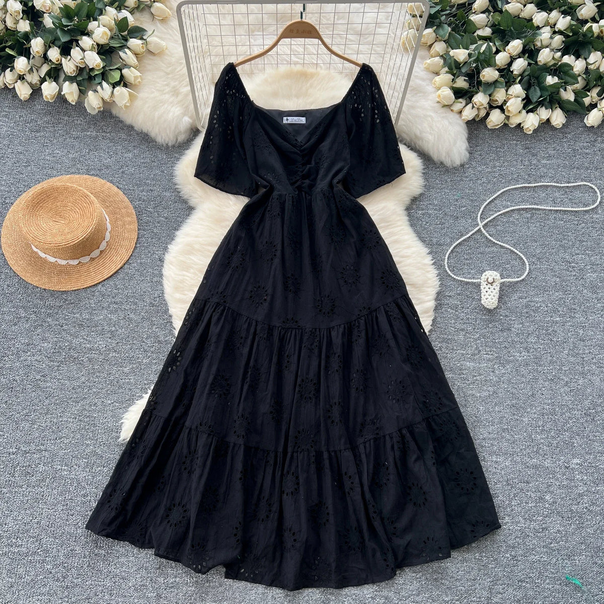Crochet Embroidered V-Neck Short Sleeve Dress