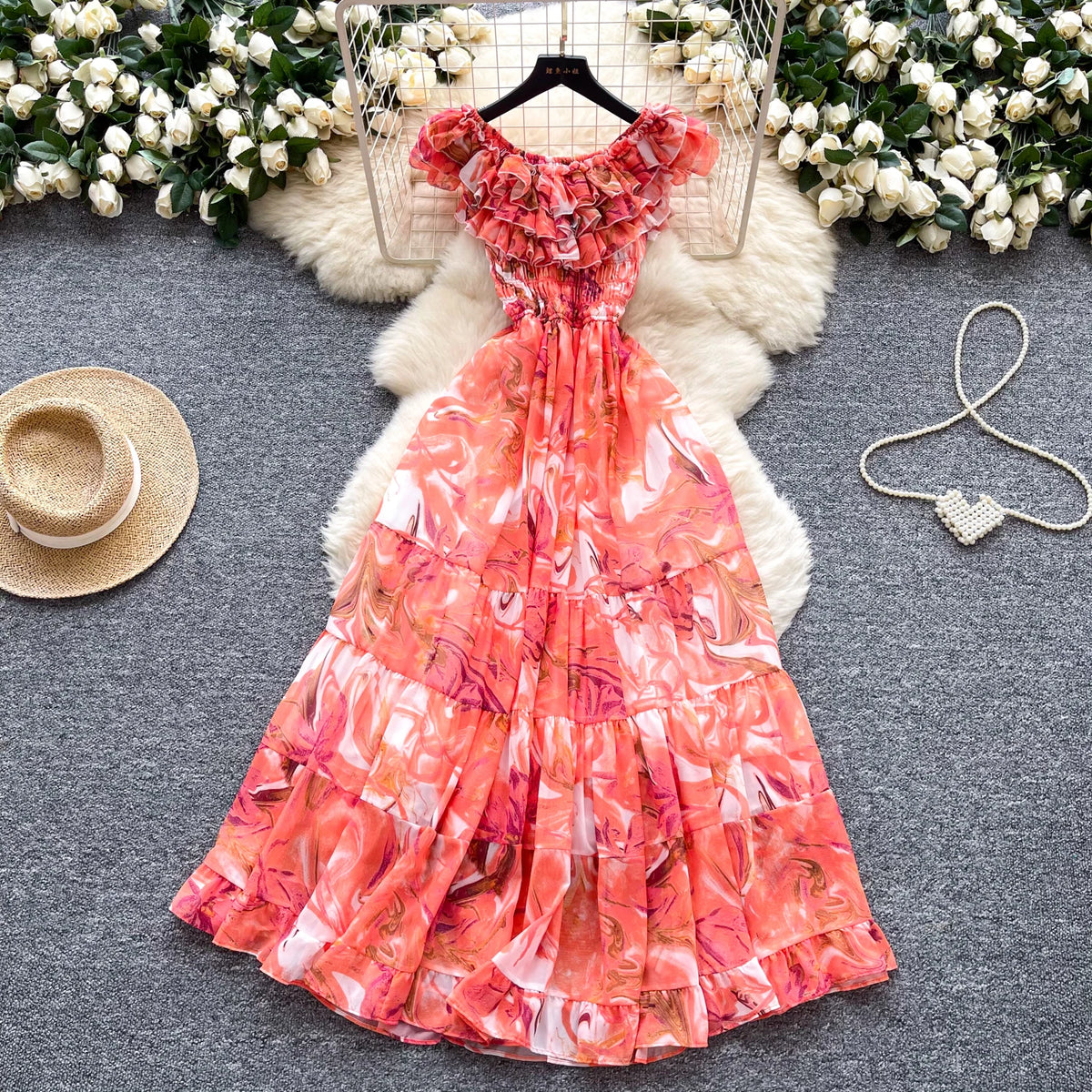 Boho Chiffon Print Off-Shoulder Maxi Dress