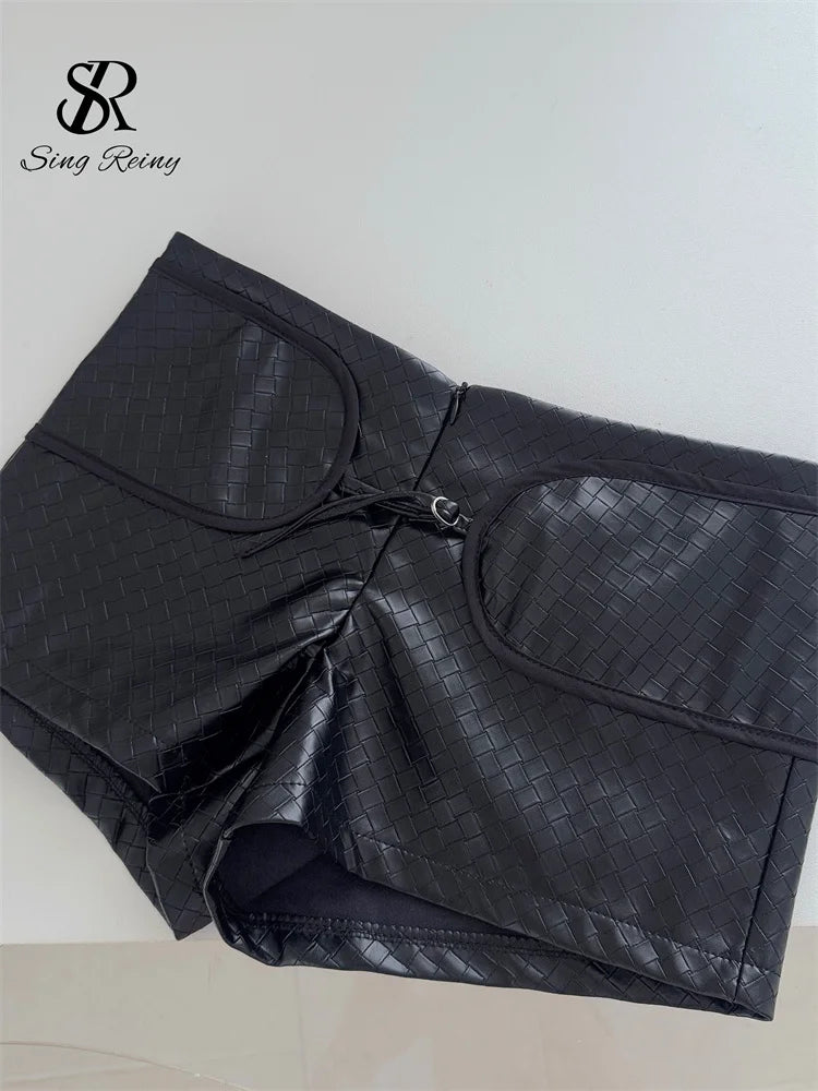 Black Woven Faux Leather Shorts