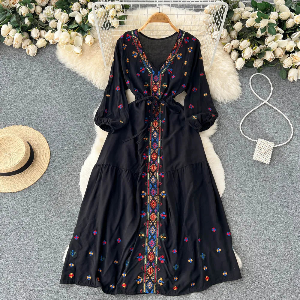 Embroidered V-Neck Lantern Sleeve Dress