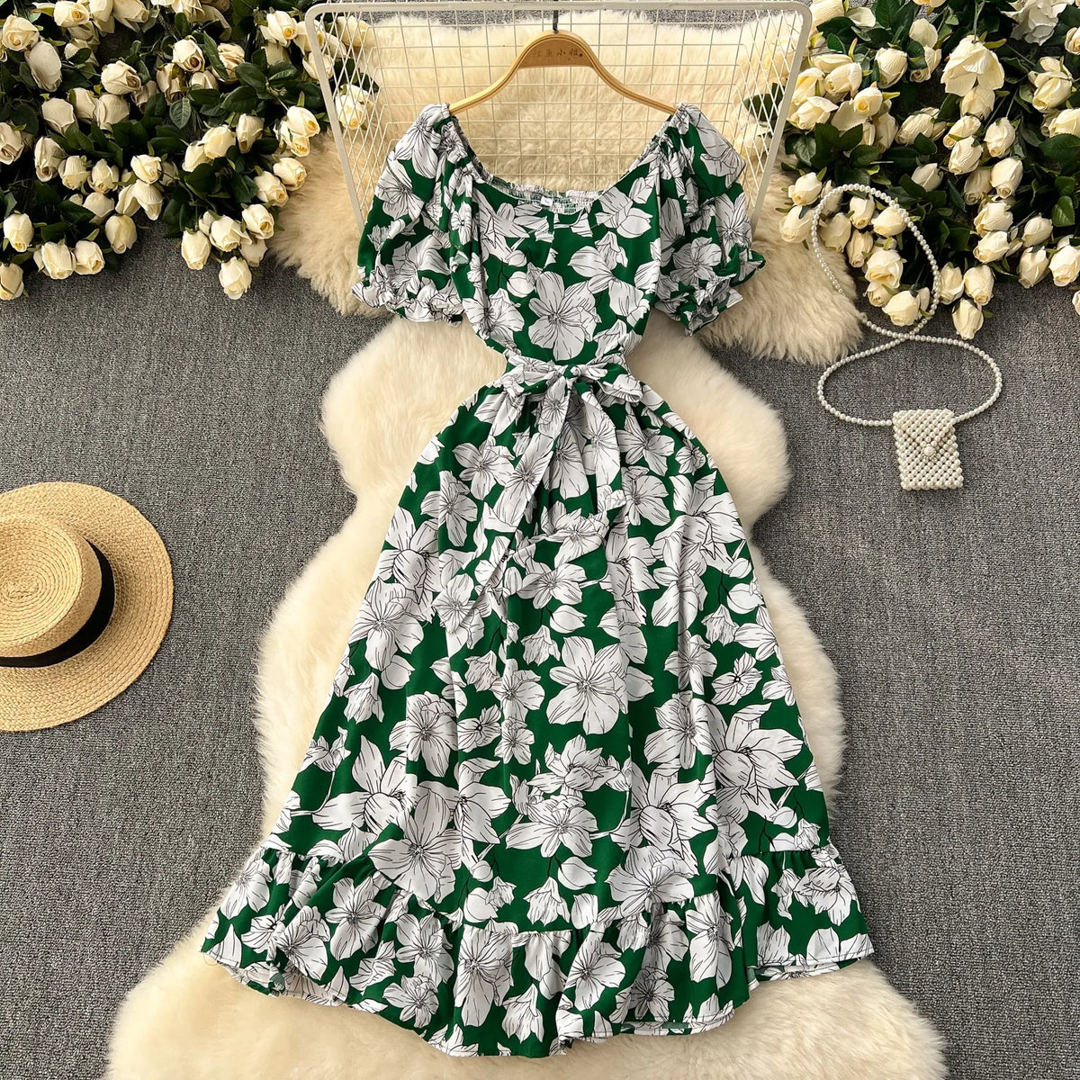 Floral Puff Sleeve Tie-Waist Maxi Beach Dress