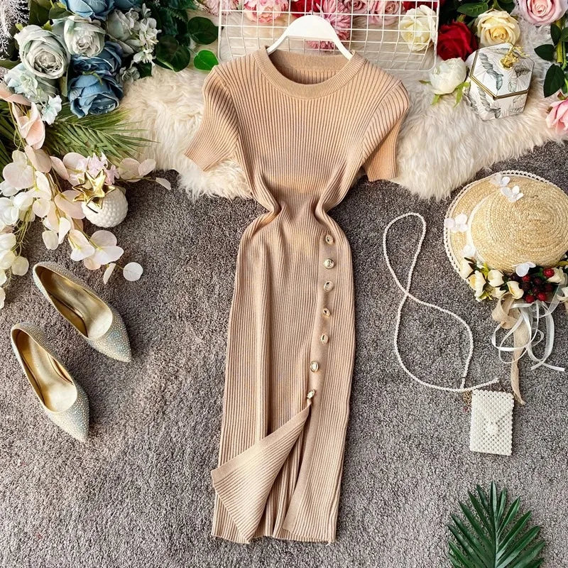 Short Sleeve Side Slit Knit Mini Dress