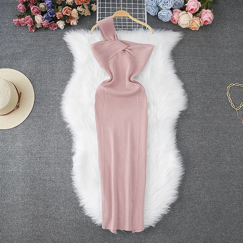 One-Shoulder Knot Knit Bodycon Dress