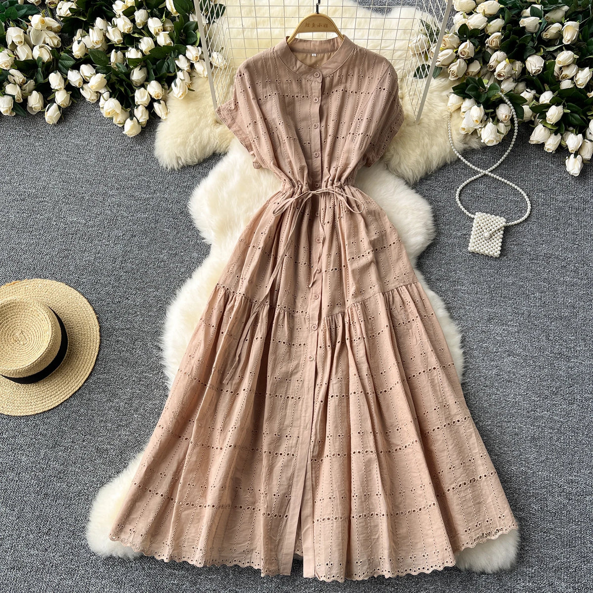 Shirred Cutout Short Sleeve Dress