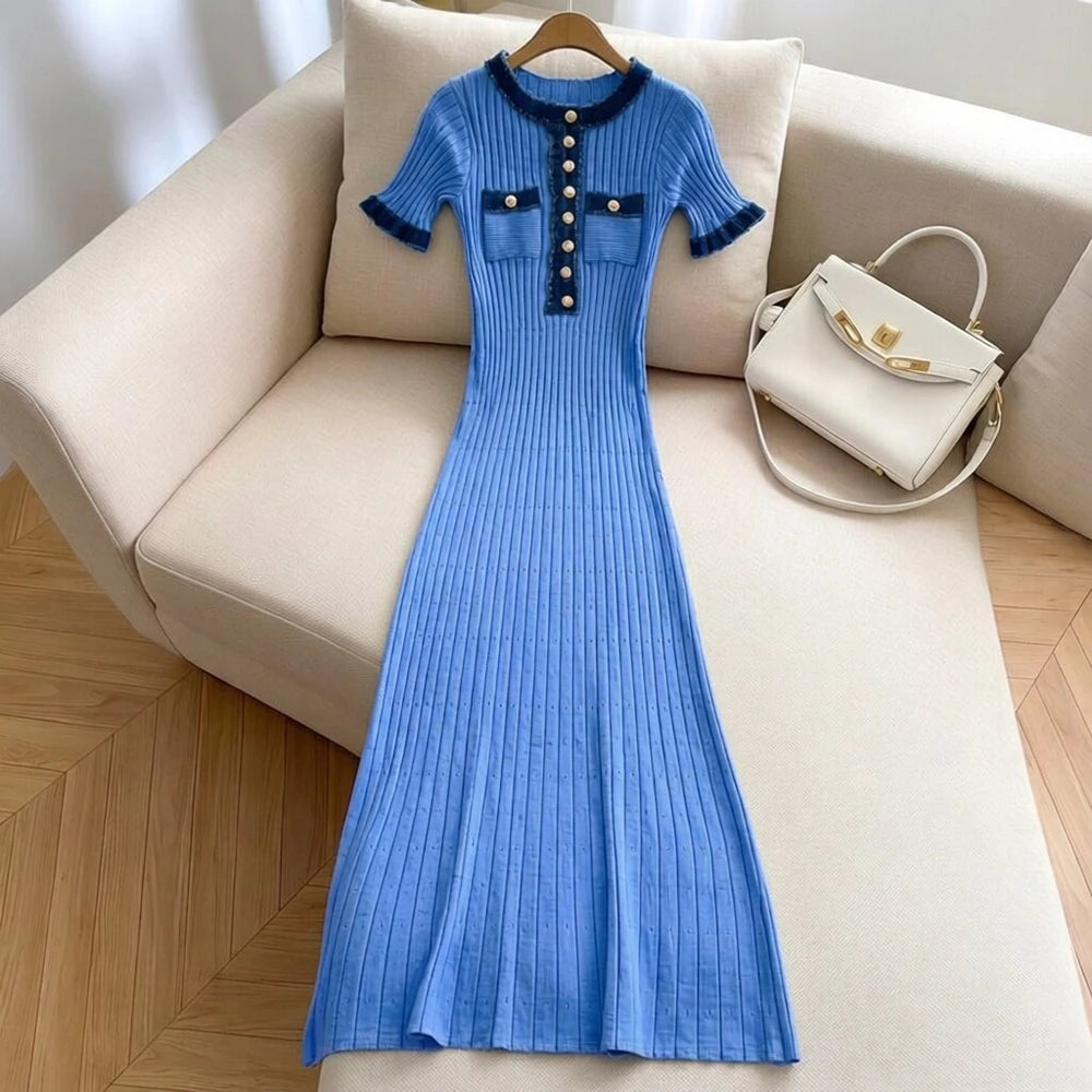 Denim Patchwork Knit A-Line Maxi Dress