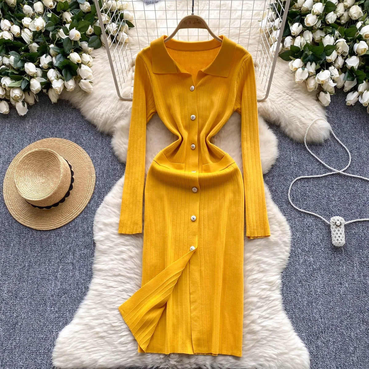 Collared Knit Maxi Shirt Dress