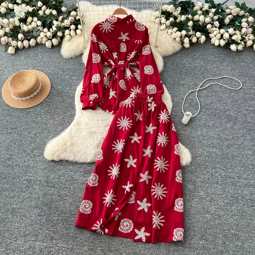 Embroidered Button Front Two-Piece Dress Set