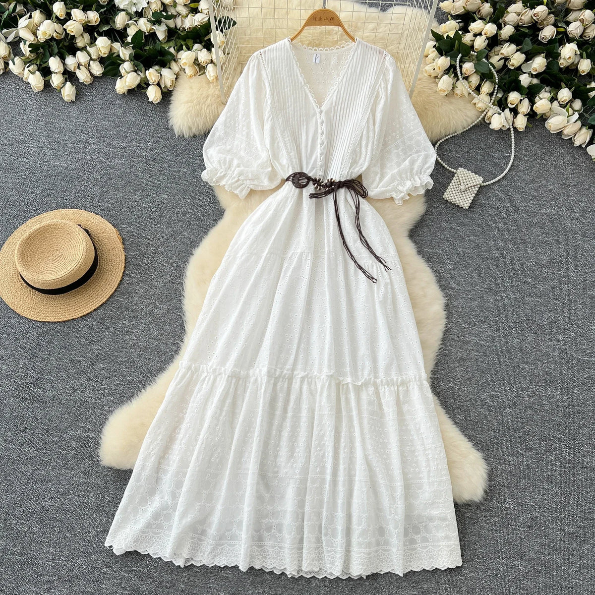Embroidered V-Neck Short Lantern Sleeve Dress