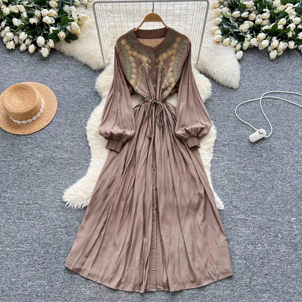 Embroidered Print Lace-Up Maxi Dress