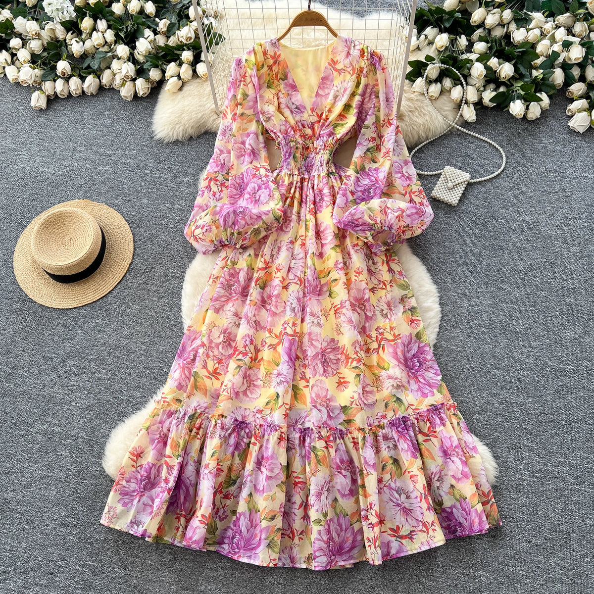 Pleated Print V-Neck Lantern Sleeve Long Dress