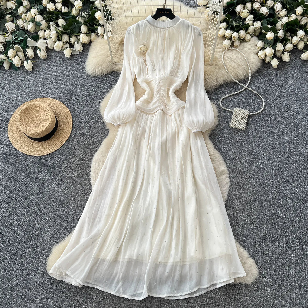 3D Floral Rhinestone Puff Sleeve Chiffon Dress