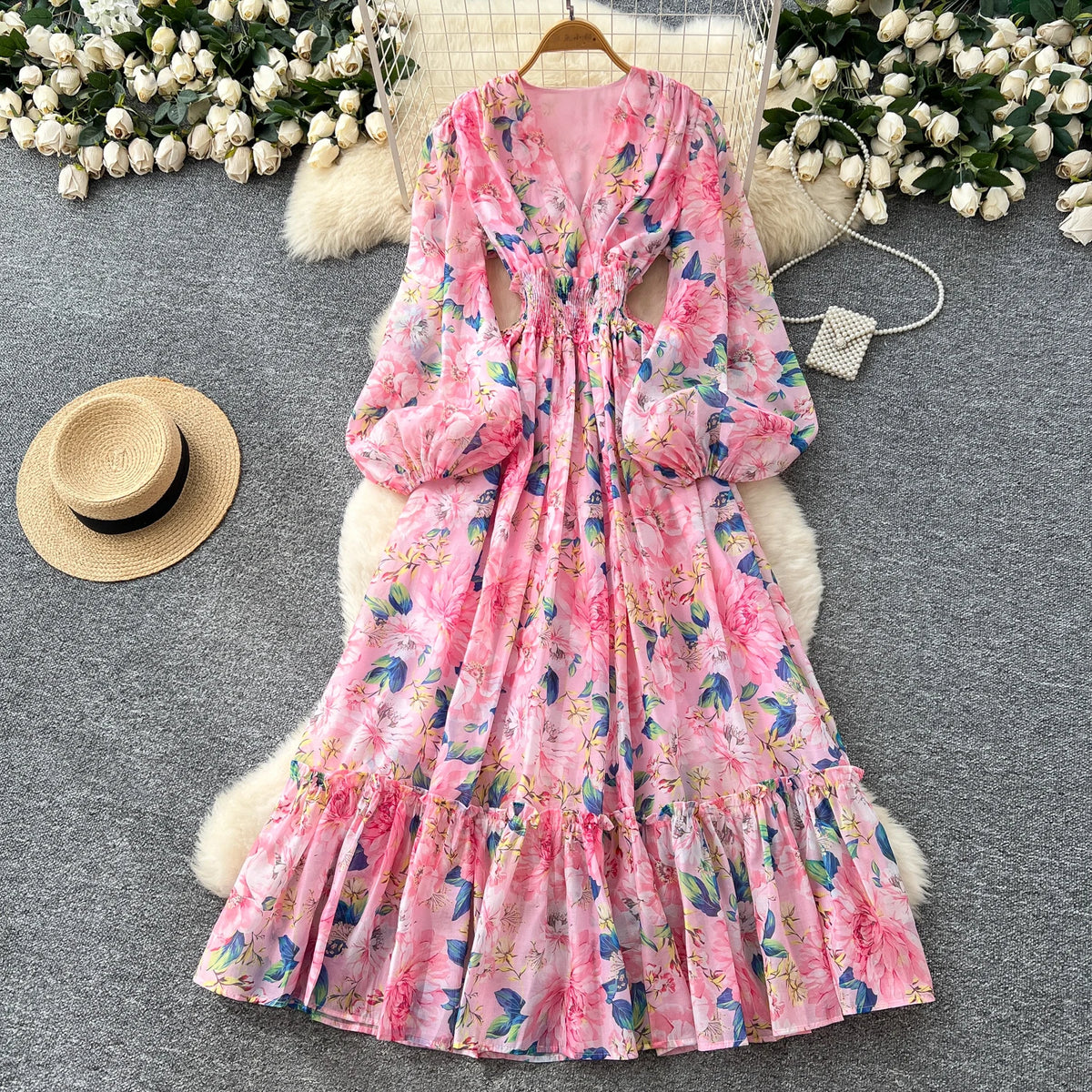 Pleated Print V-Neck Lantern Sleeve Long Dress
