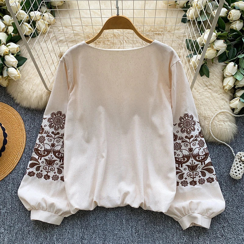 Embroidered Balloon Sleeve Blouse