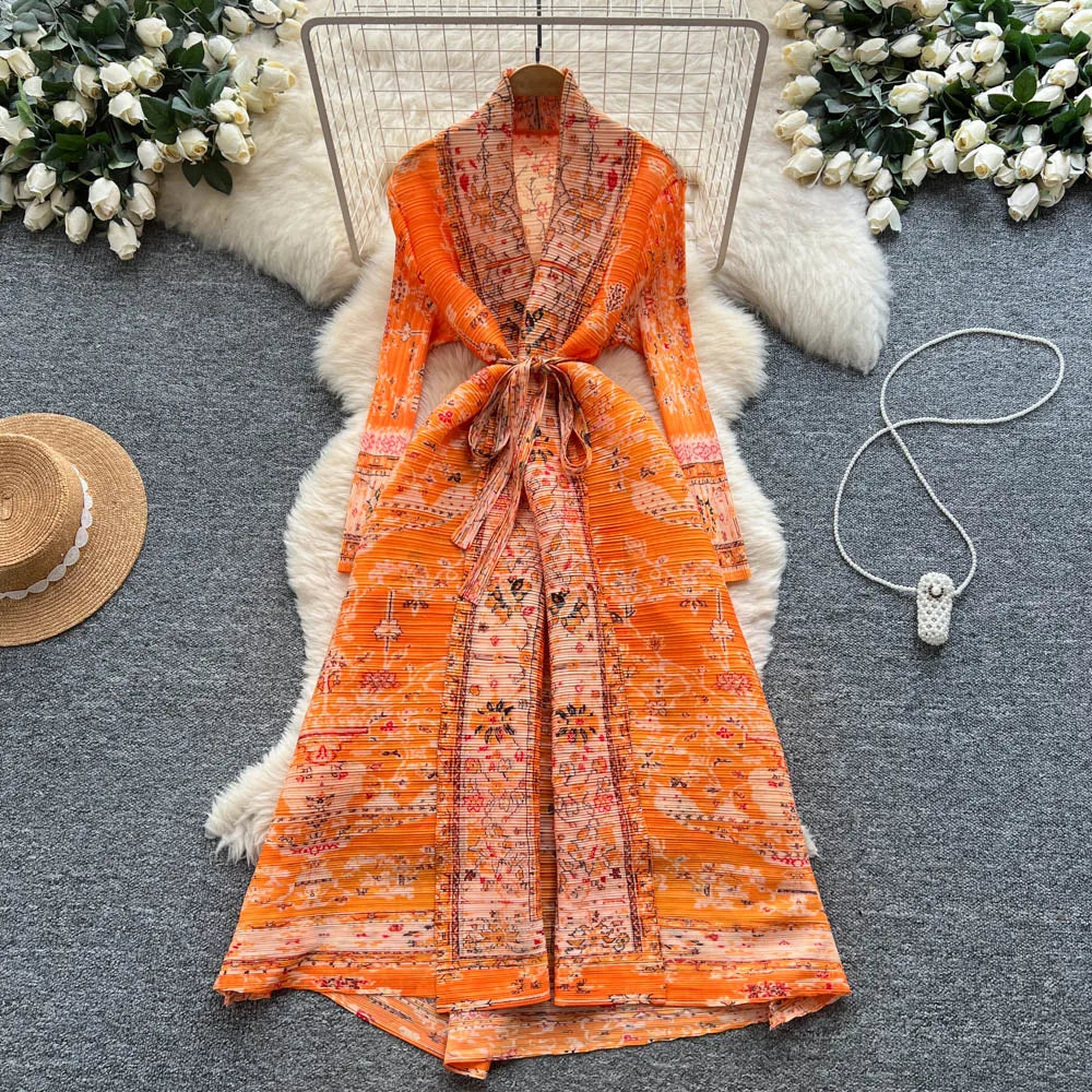 Ruched V-Neck Print Long Sleeve Dress