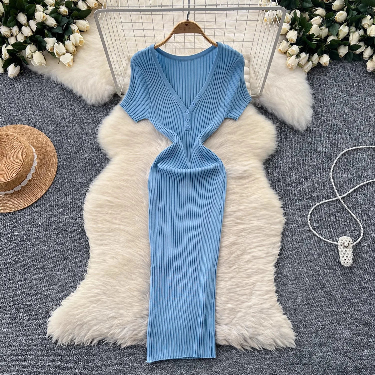 Shimmer V-Neck Knit Bodycon Dress