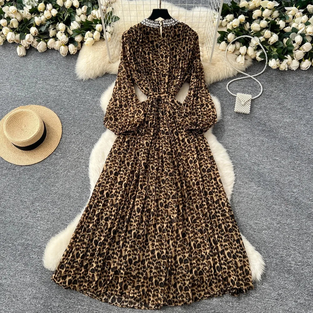 Leopard Rhinestone High Waist Party Dress