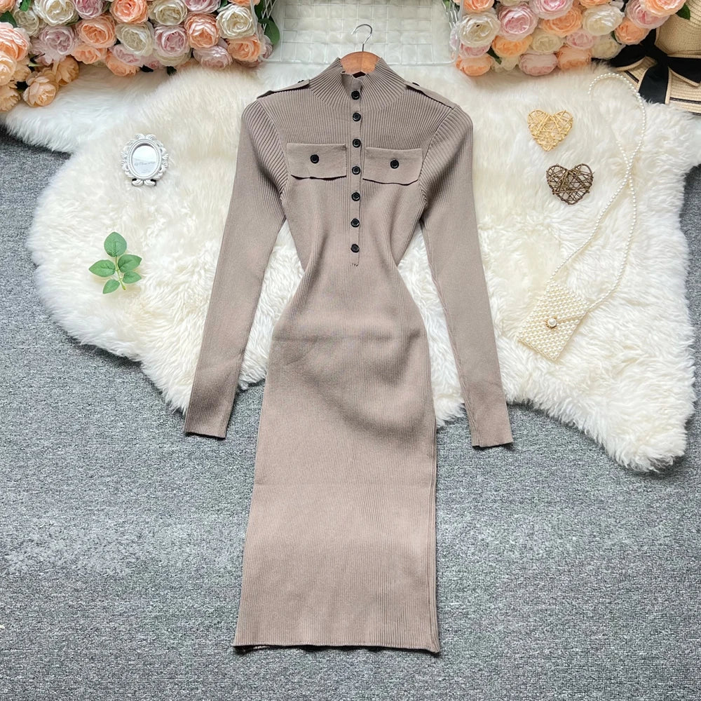 Turtleneck Button Knit Bodycon Sweater Dress