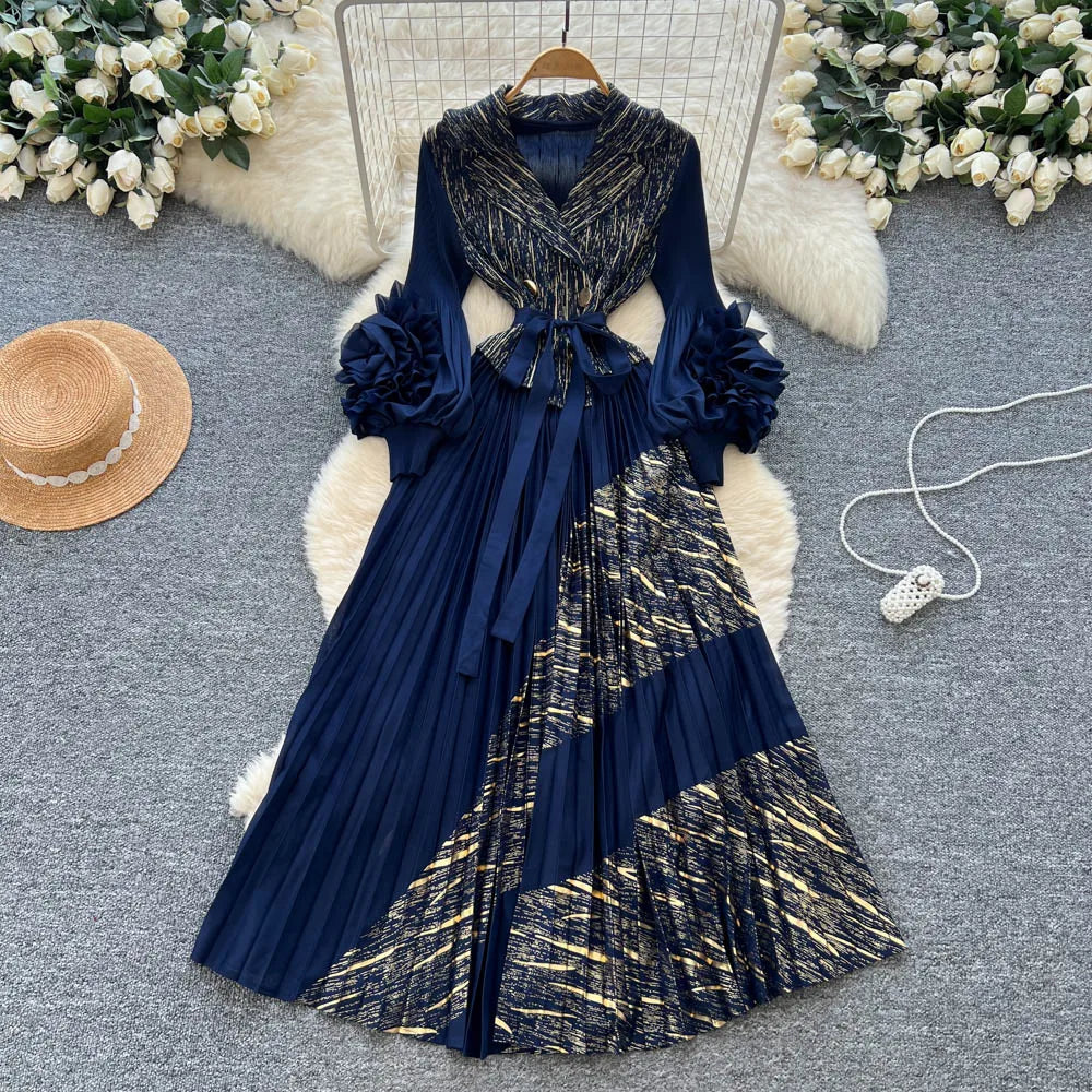 3D Floral Ruched Long Sleeve A-Line Dress