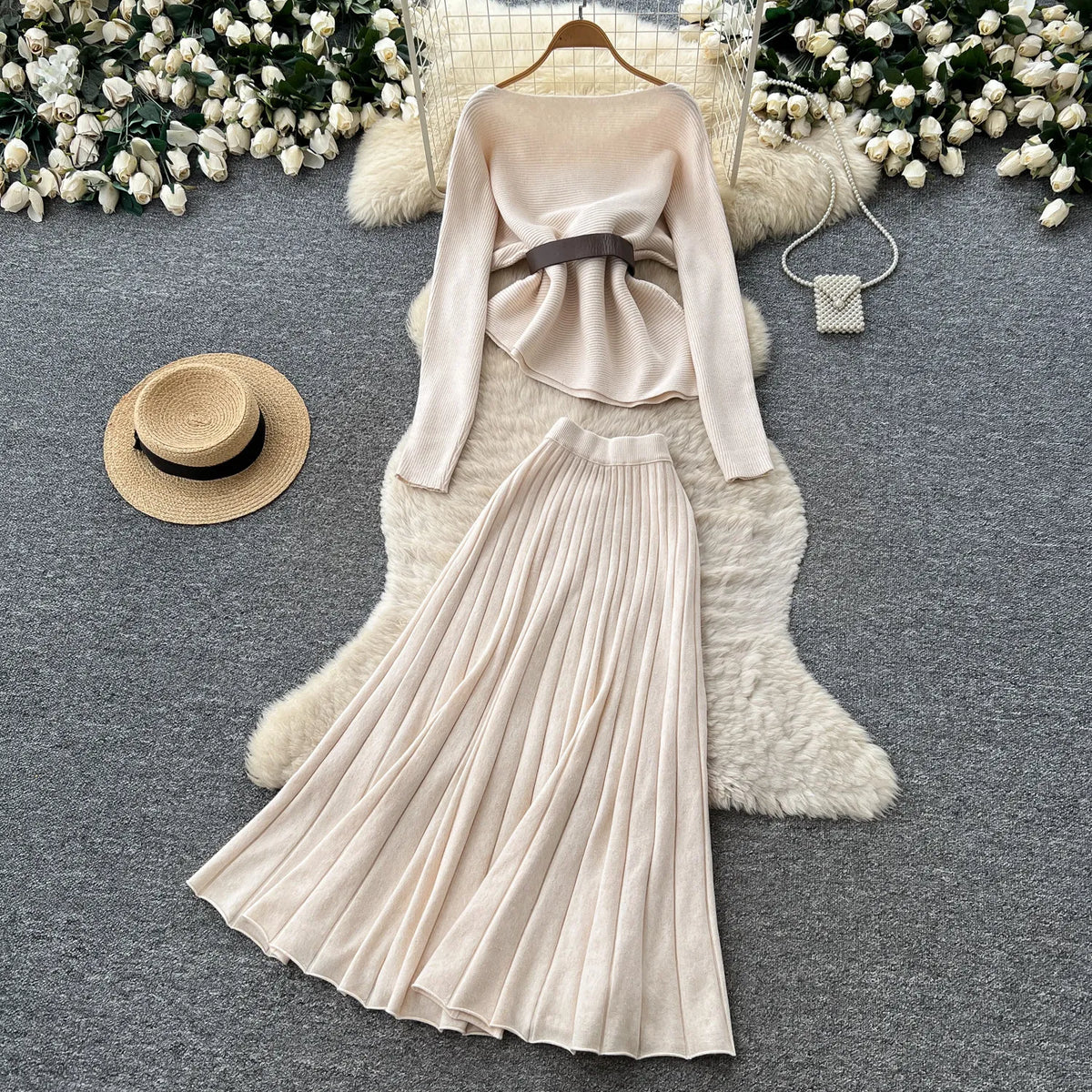 Belted Knit Pullover and Flared Skirt Set