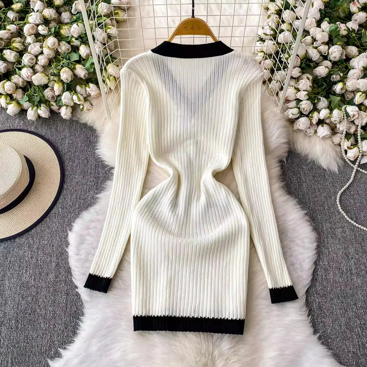 V-Neck Knit Bodycon Short Sweater Dress