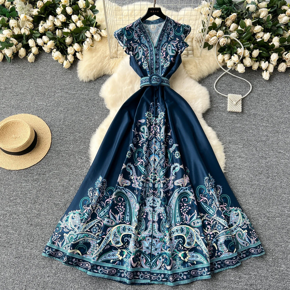 Print Flutter Sleeve V-Neck Long Dress