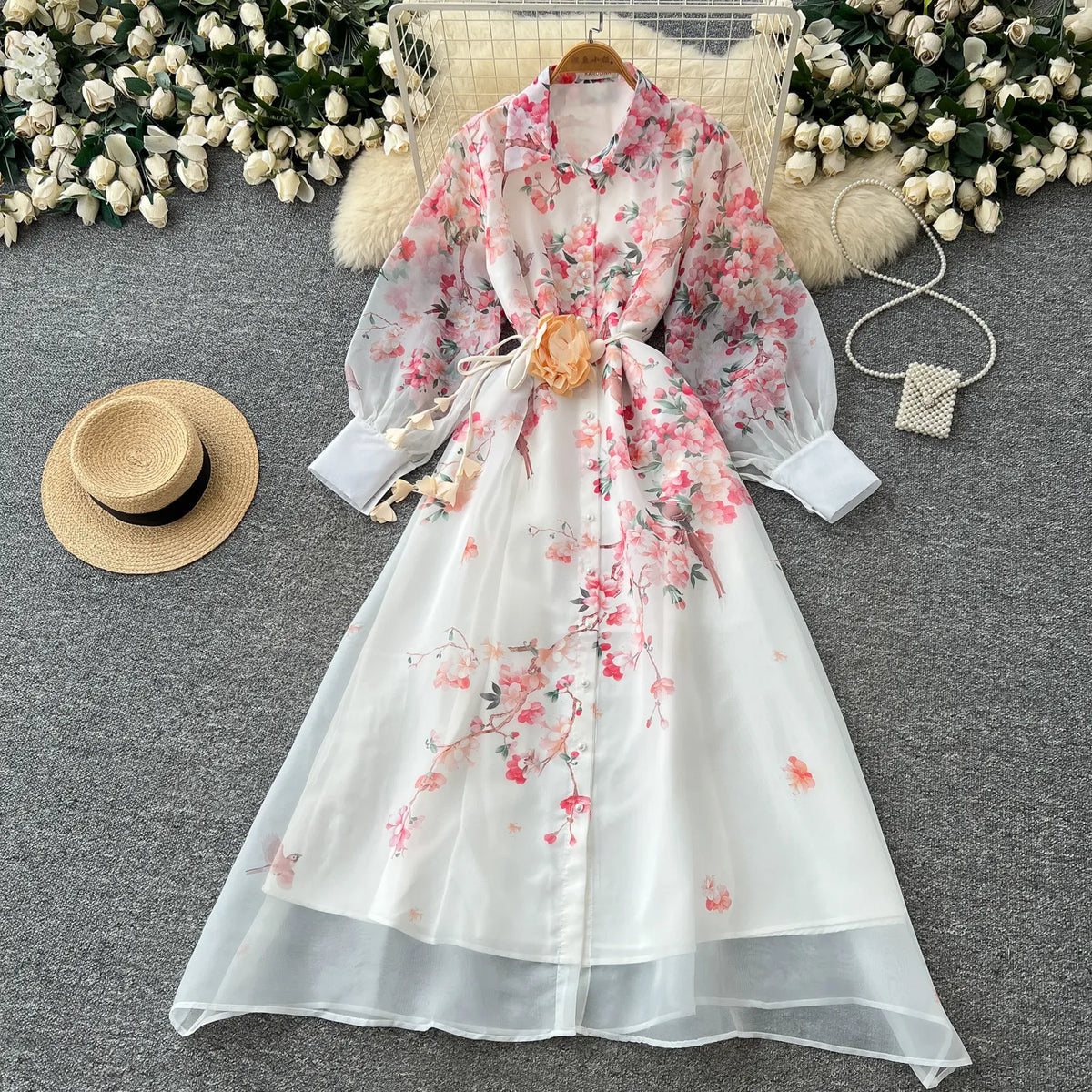 Print Tie-Waist Lantern Sleeve Maxi Dress