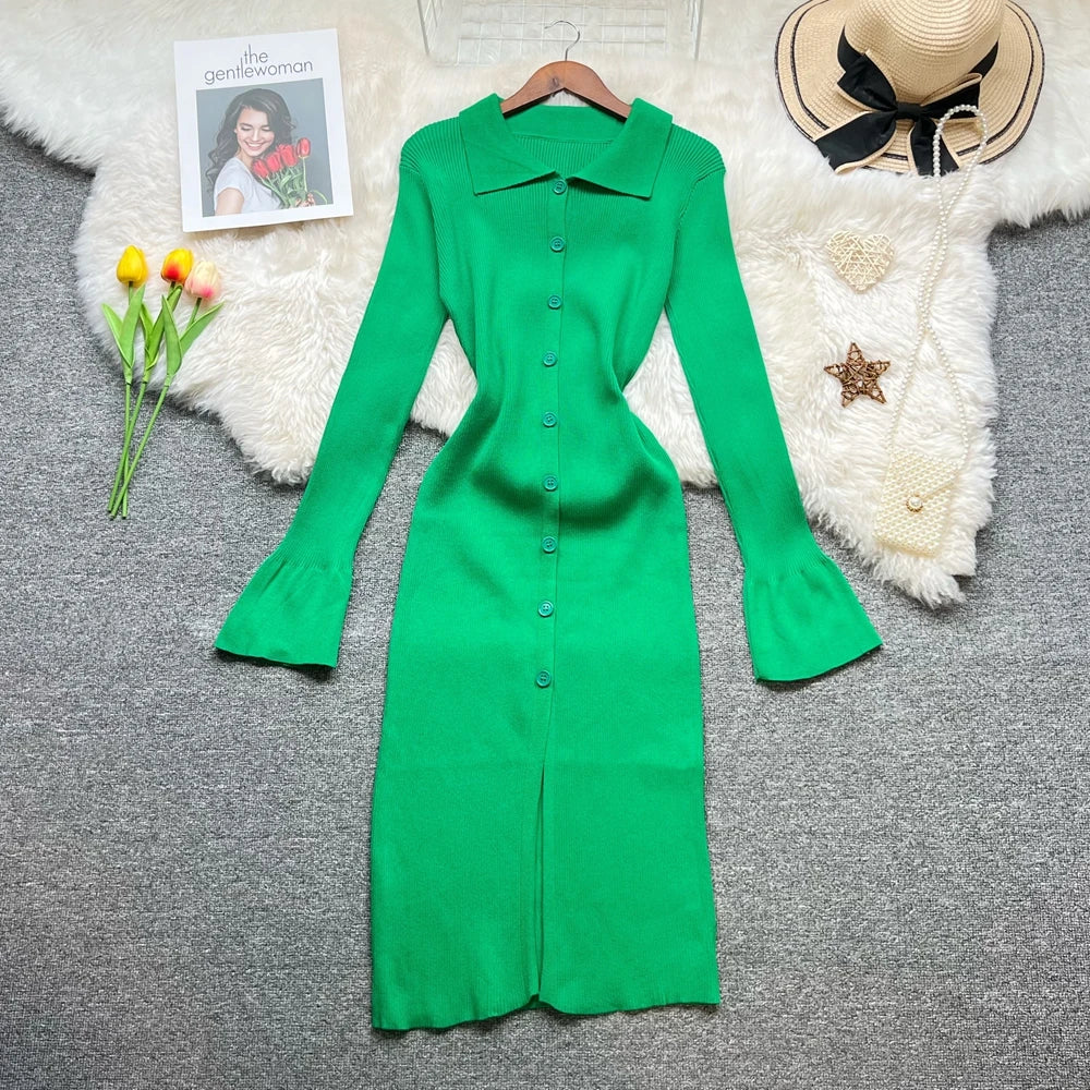 Button-Front Knit Shirt Sweater Dress