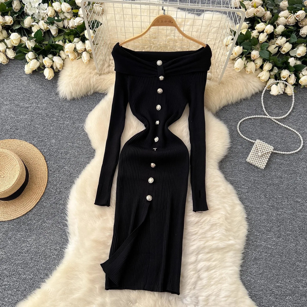 Off-Shoulder Button Slit Knit Bodycon Dress