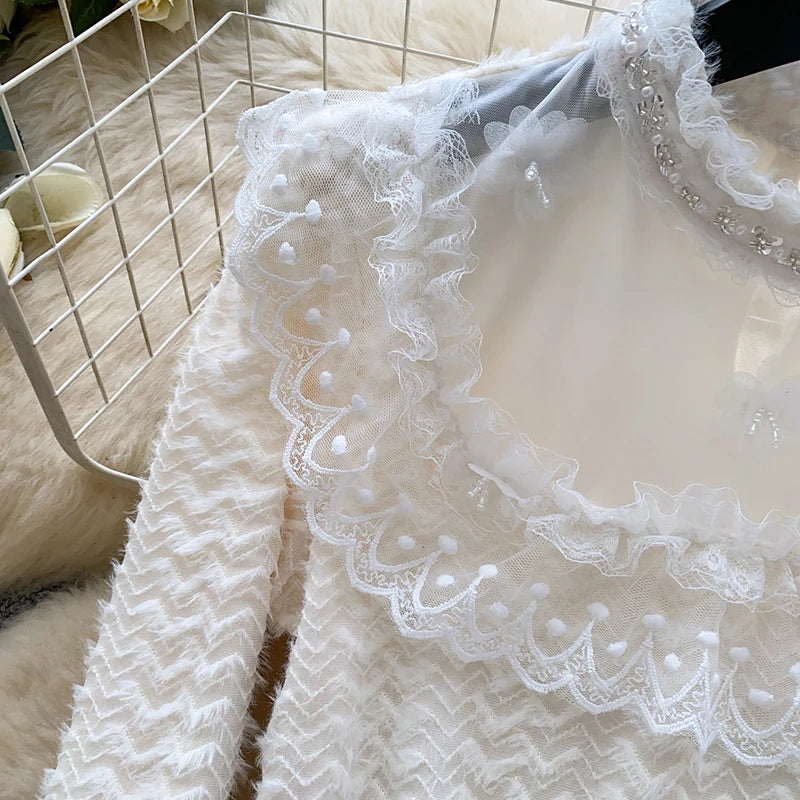 White Lace Trim Stand Collar Blouse