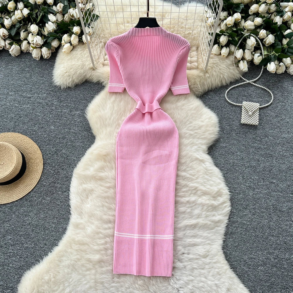 Belted Button Front Knit Maxi Dress