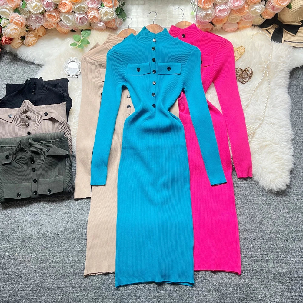 Turtleneck Button Knit Bodycon Sweater Dress